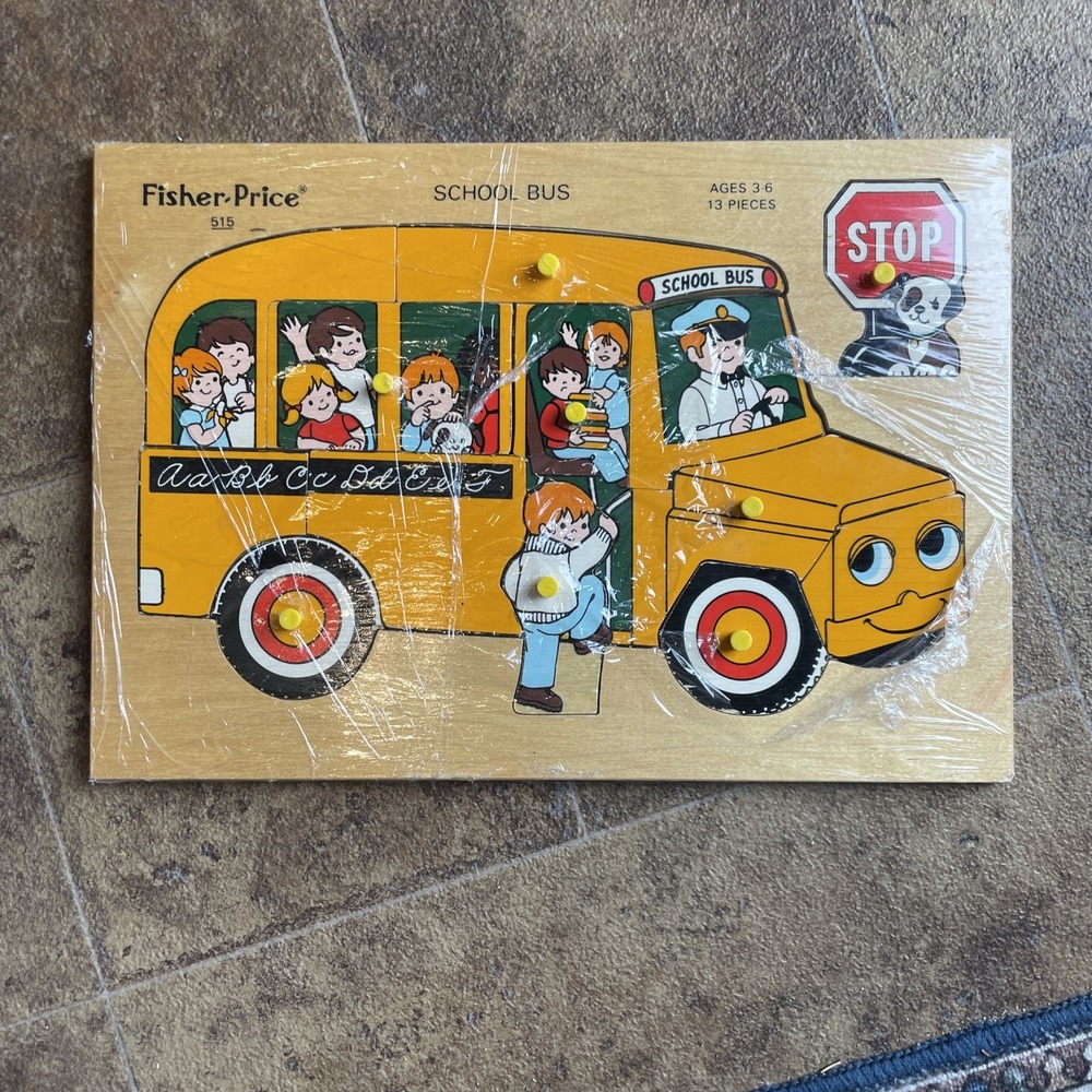 Vintage Fisher-Price 515 Wooden School Bus Puzzle 13 Pieces USA Made Ages 3-6